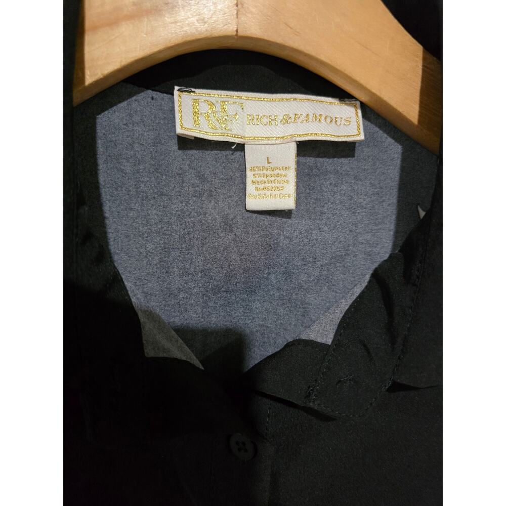 Rich & Famous Black Floral Button-Front Tie Hem Top – Size Large - Picture 6 of 8